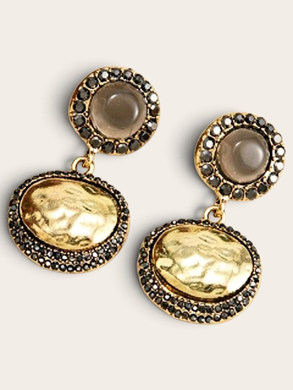 Geometric Glam Encrusted And Gold Dangle Earrings With A Grey Stone NWOT
